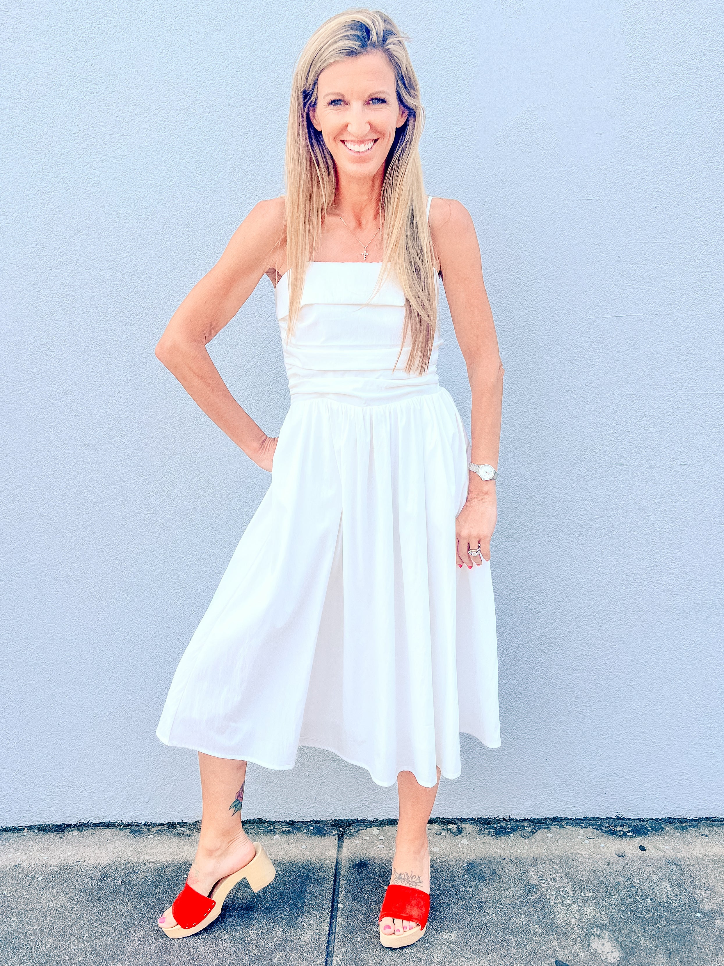 white shirred midi dress Pretty Moments Shirred Midi Dress