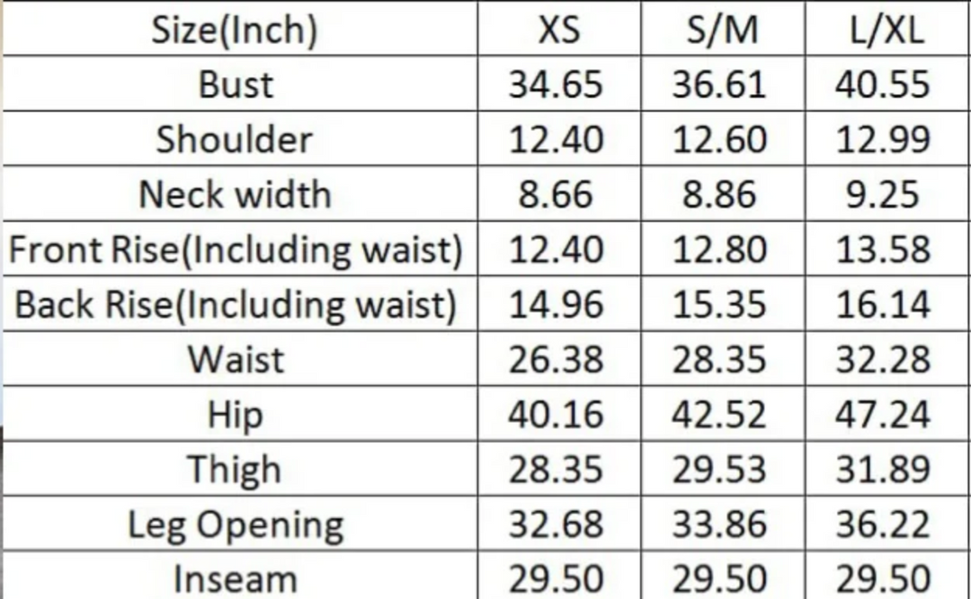 Measurement chart for clothing sizes XS, S/M, and L/XL including various dimensions.