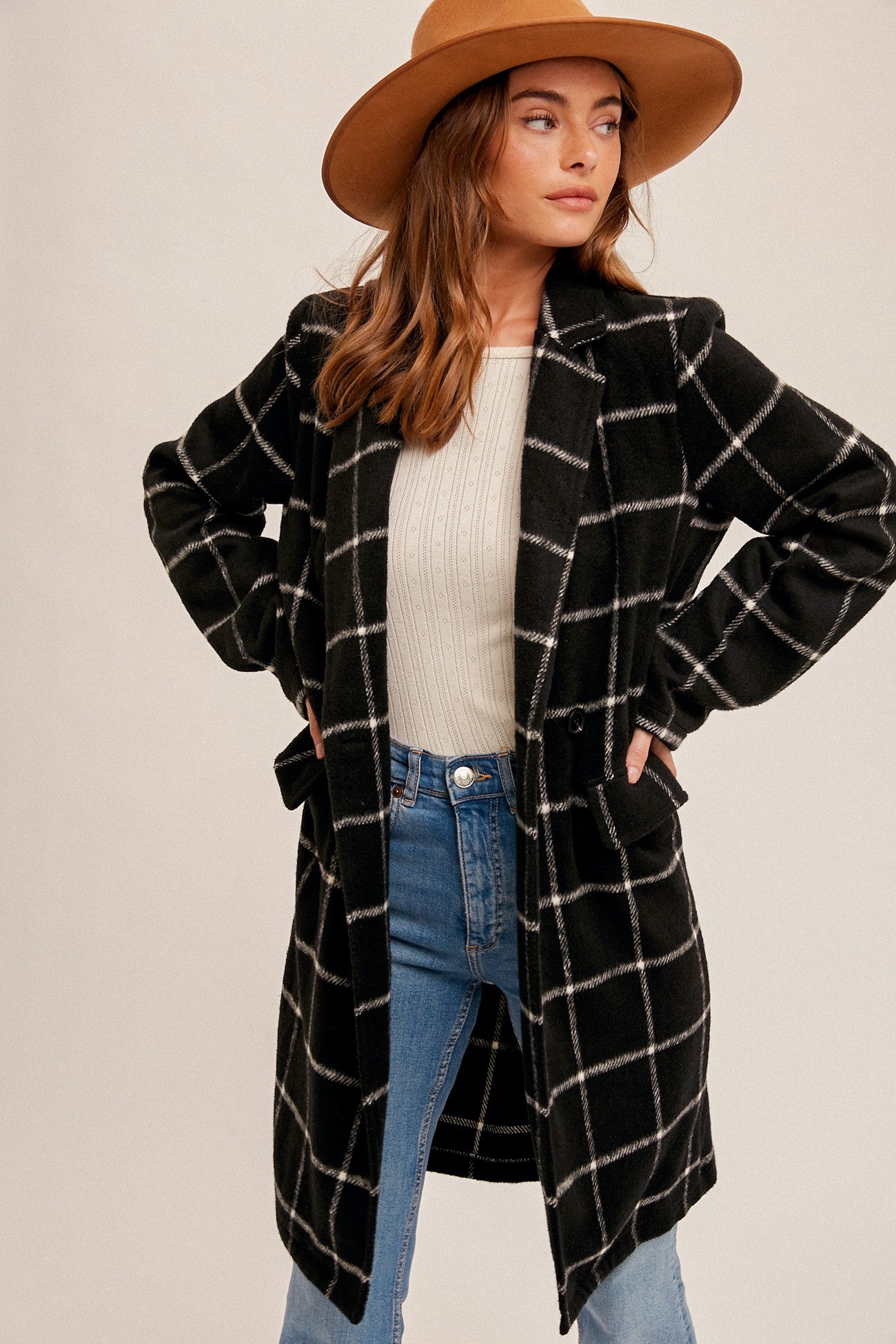 Chasing After You Grid Pattern Double Breast Long Coat - Black