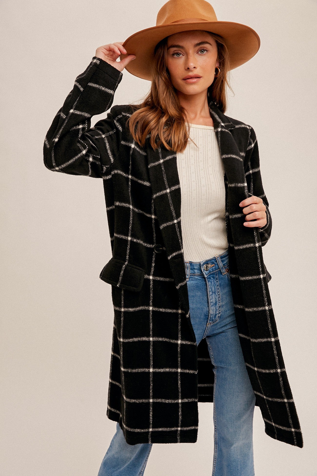 Chasing After You Grid Pattern Double Breast Long Coat - Black