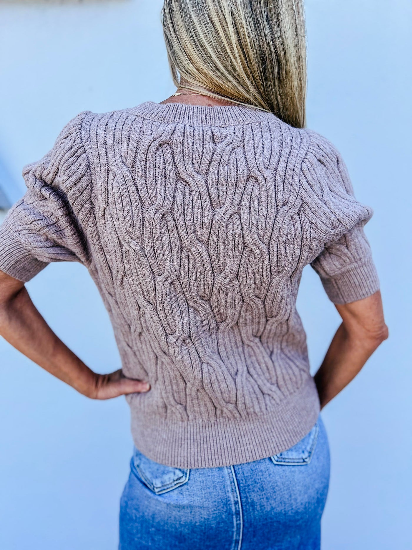 A Sweet Moment Bow Detail Short Sleeve Cable Knit Sweater - Mocha