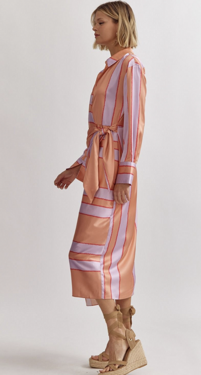 Have It All Satin Color Block Striped  Maxi Dress - Peach