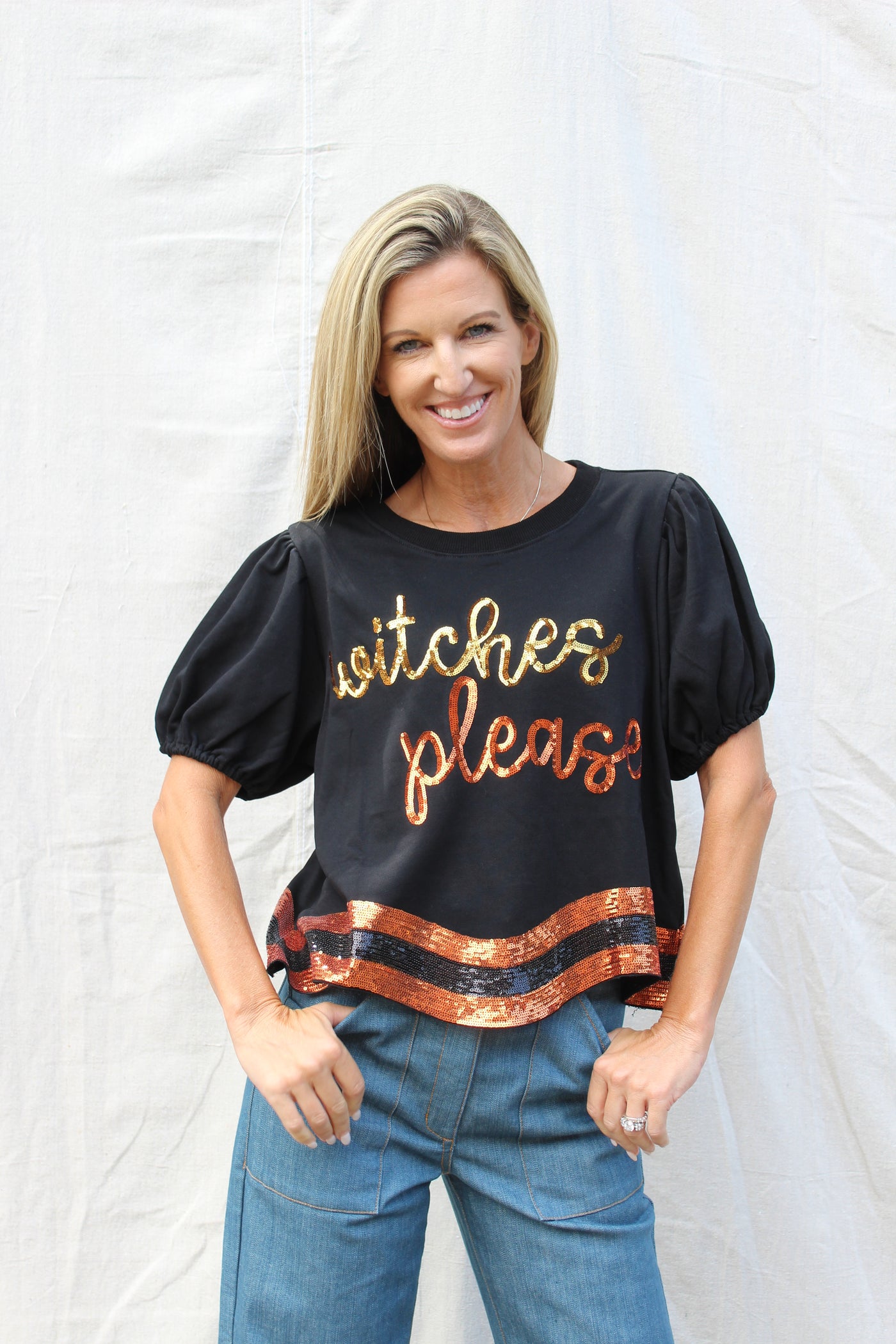 Witches Please Sequins Embroidered Curved Hem Top - Black