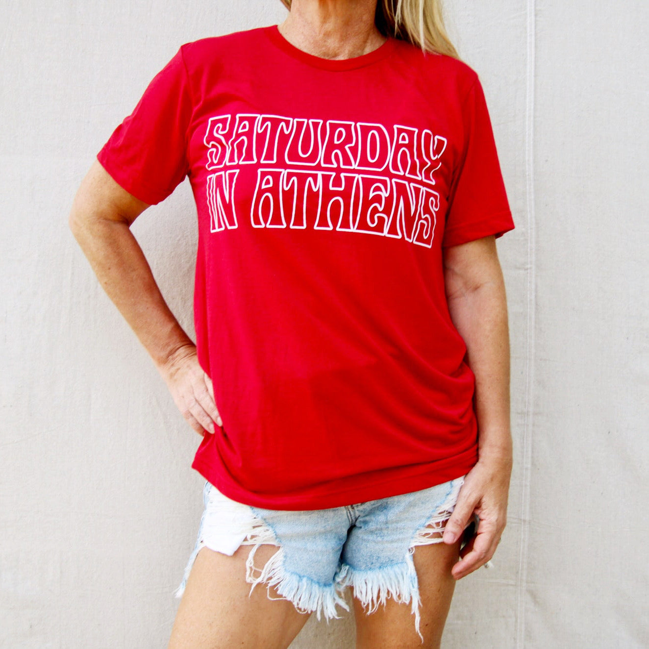 saturday in athens unisex graphic tee red with white letters