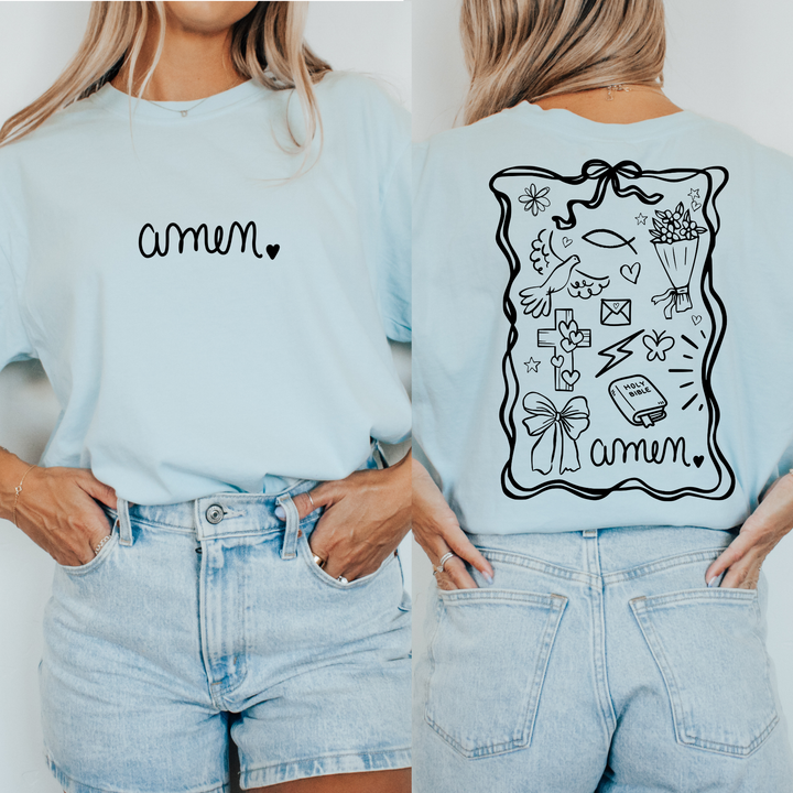 Light blue t-shirt with 'amen' text on front and back design.