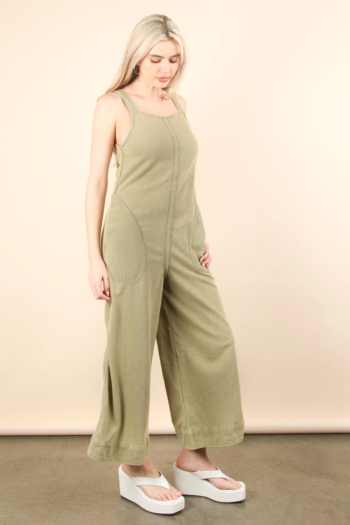 Laid-Back Luxe Waffle Knit Jumpsuit – Olive