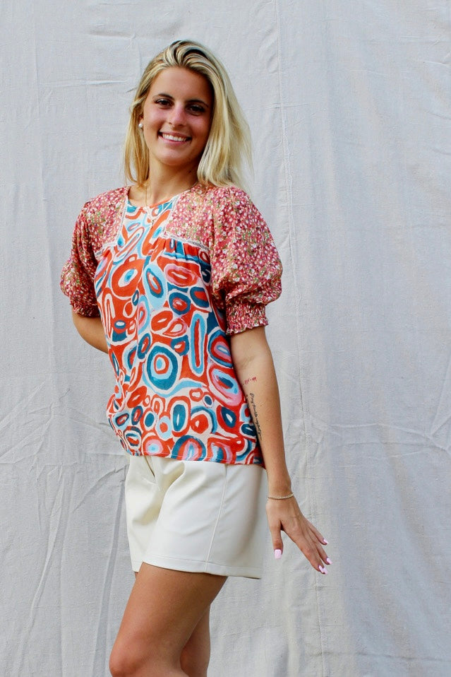 Rock The Room Mixed Print Short Sleeve Blouse