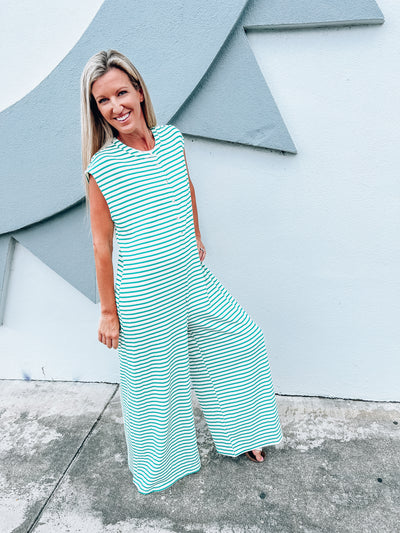 On The Go Striped Wide Leg Jumpsuit - Green