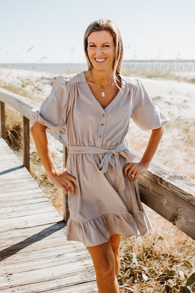 DARCIE BALLOON SLEEVE CORDUOROY RUFFLED HEM DRESS - CREAM {VELVET HEART}