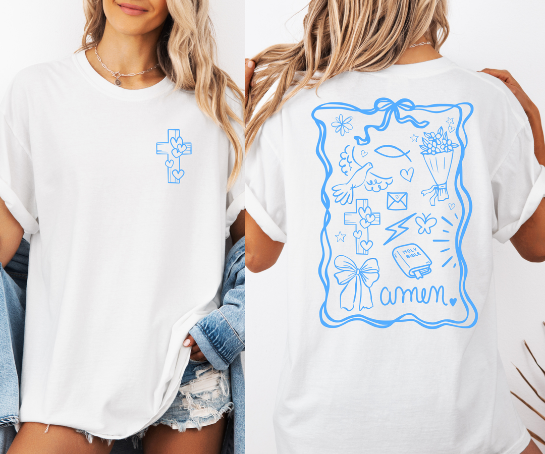 Two people wearing white t-shirts with blue designs on a plain background