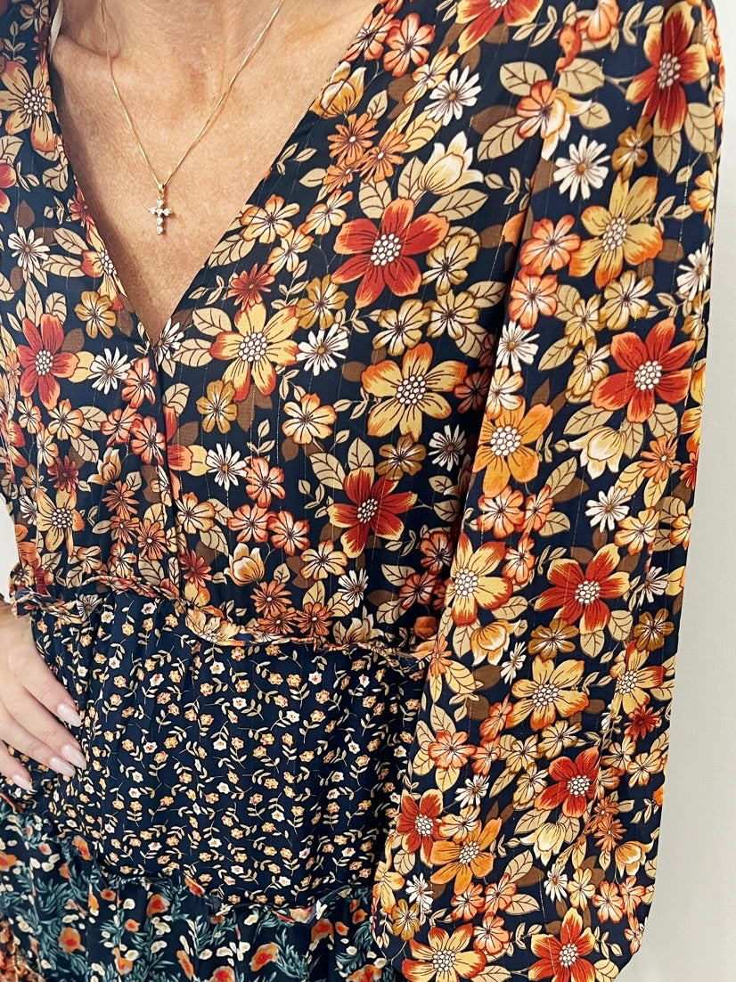 Expressions Of Fall V Neck Tiered Floral Print Midi Dress