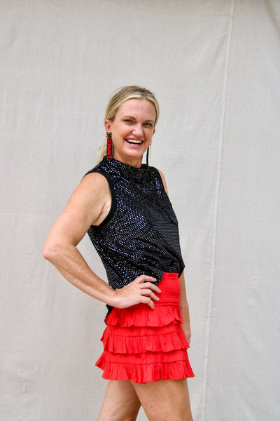 Gameday Ready Sleeveless High Neck Sequin Top - Black