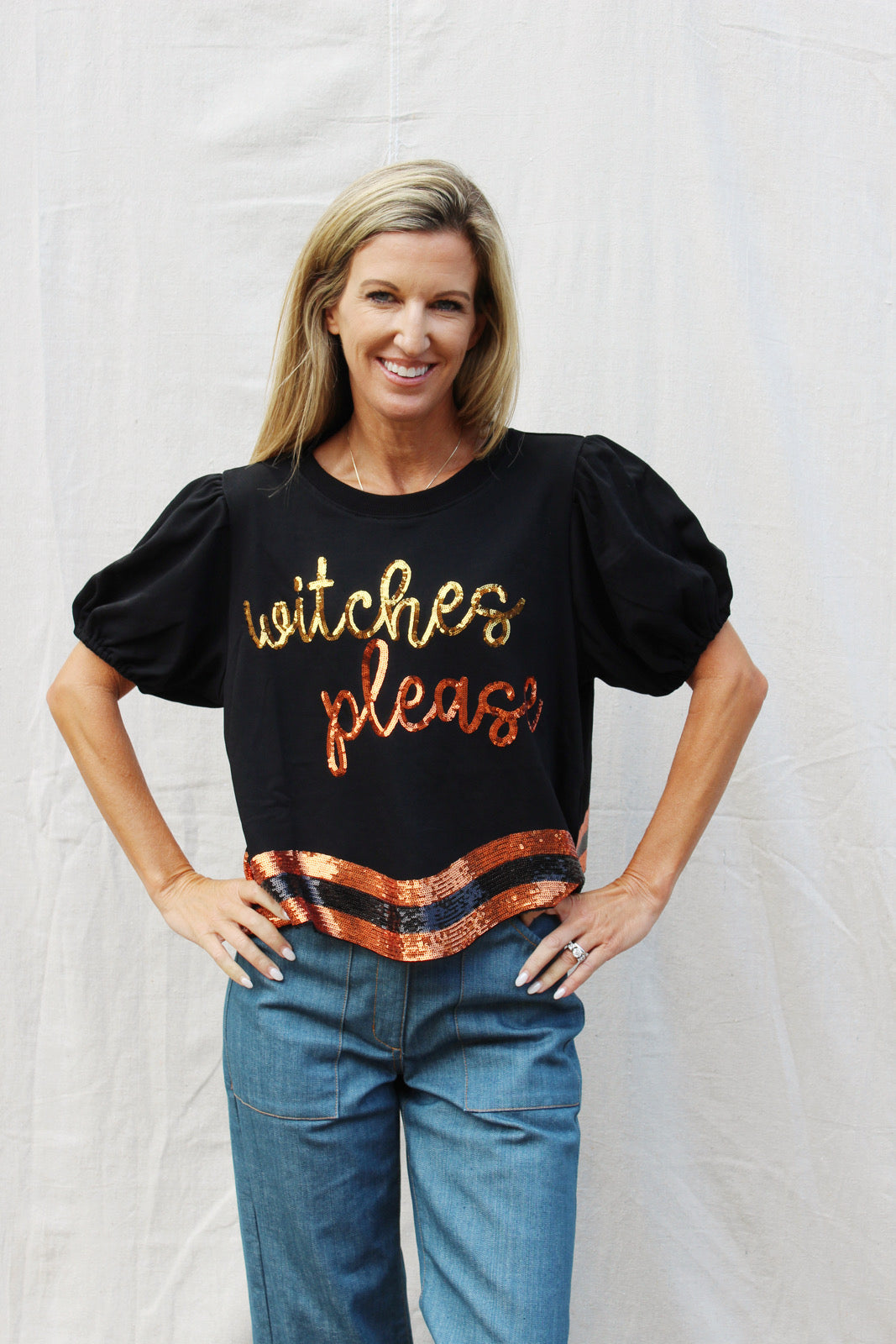Witches Please Sequins Embroidered Curved Hem Top - Black