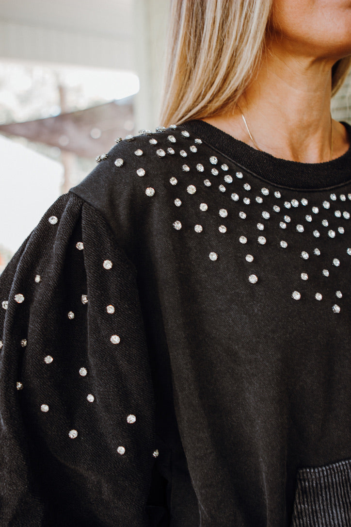 Watch Me Shine Rhinestone French Terry Sweatshirt - Black