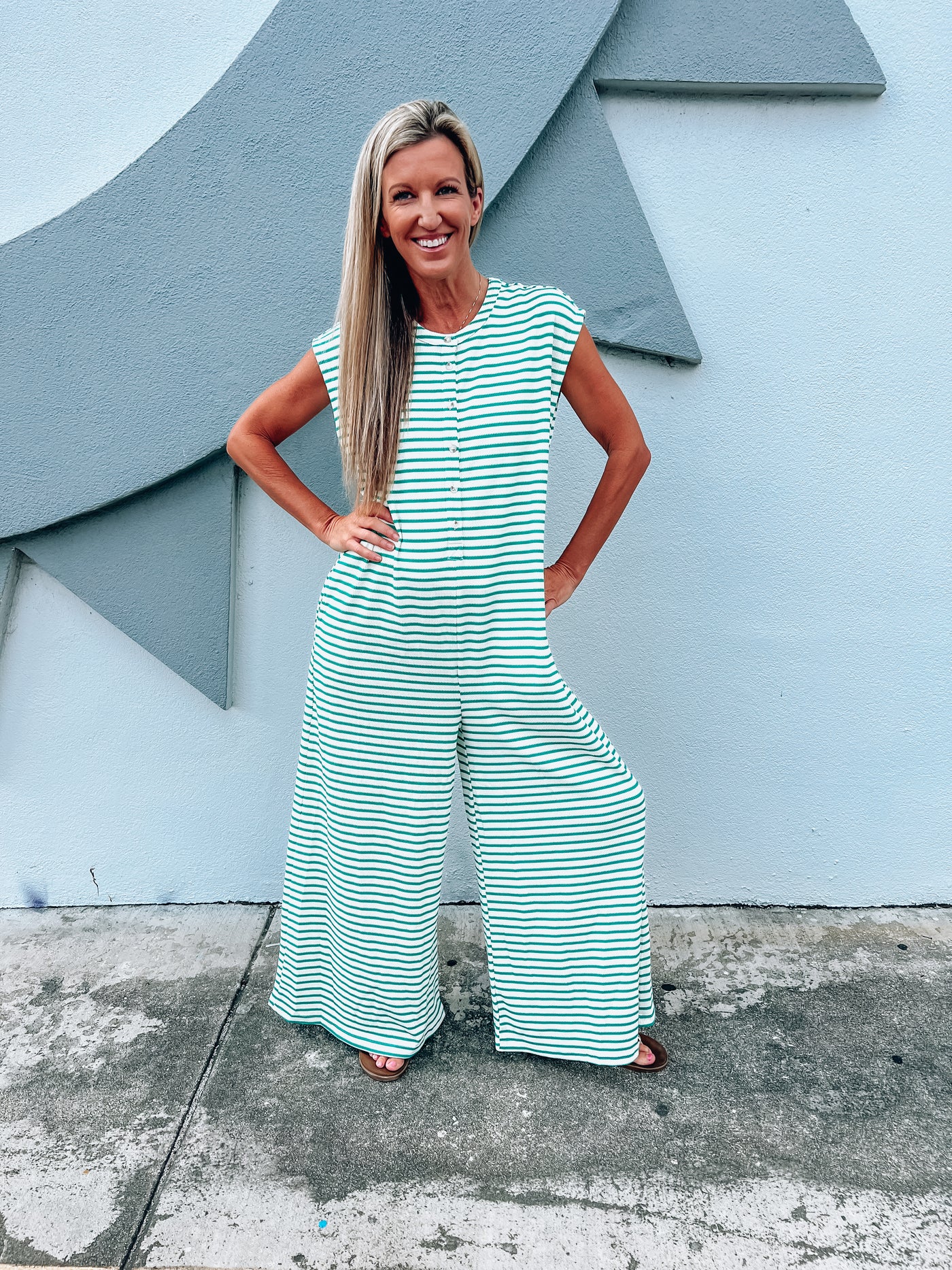 On The Go Striped Wide Leg Jumpsuit - Green