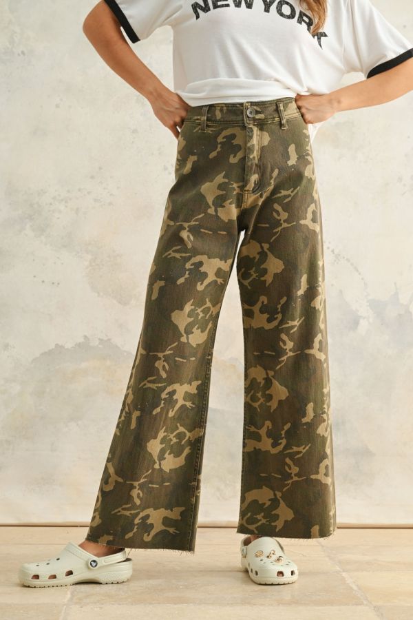 Camouflage wide leg pants, camo print stretch denim, camo jeans with raw hem, trendy camo pants

