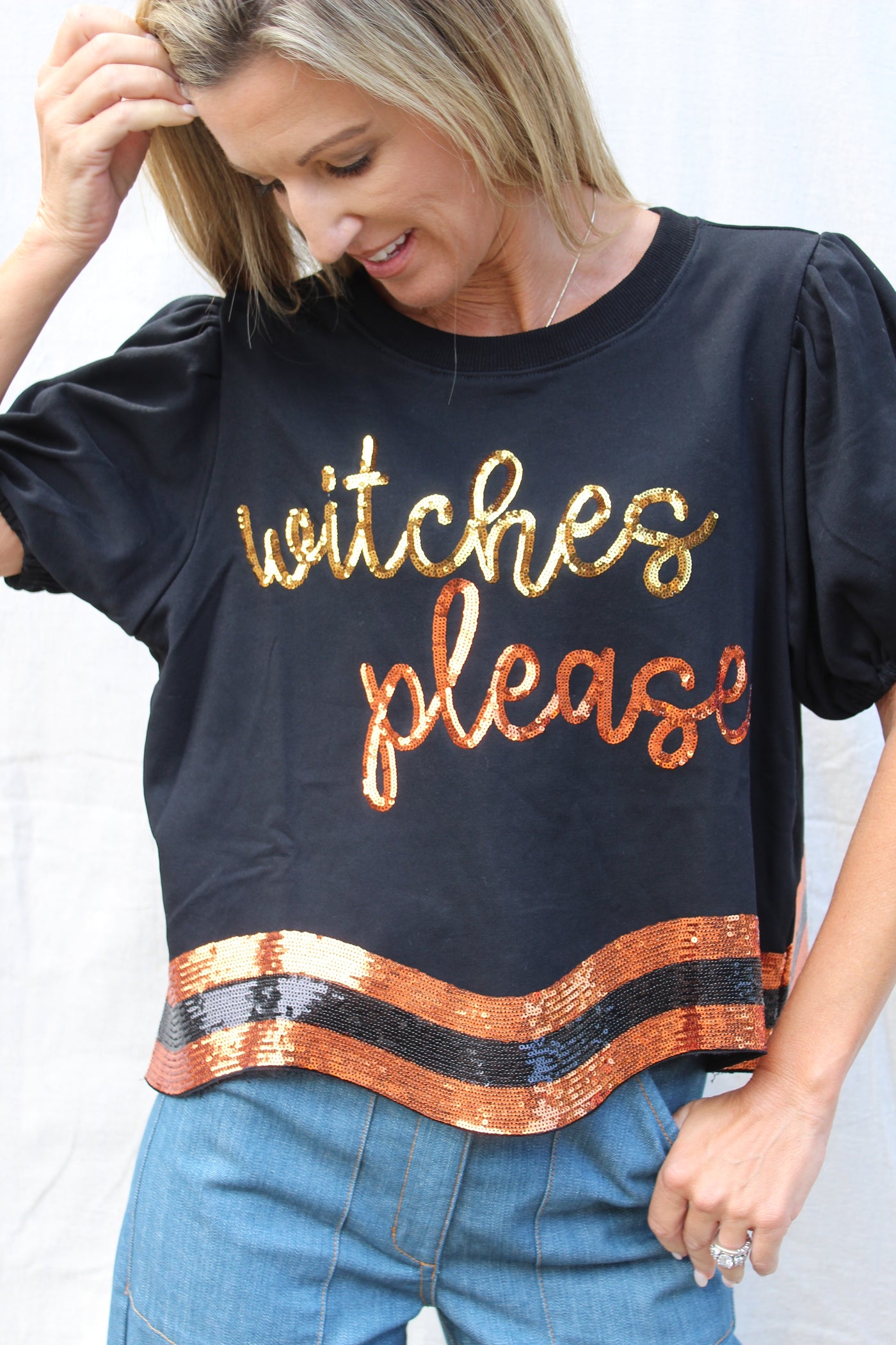 Witches Please Sequins Embroidered Curved Hem Top - Black