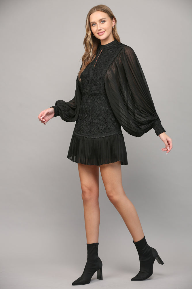 Special Occasion Pleated Lace Dress - Black
