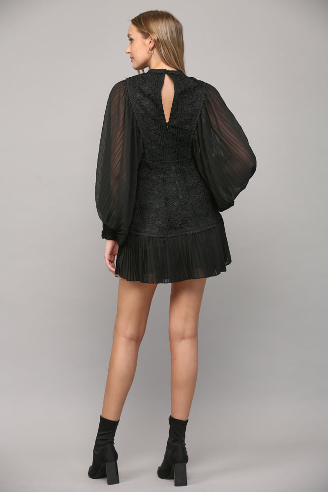 Special Occasion Pleated Lace Dress - Black