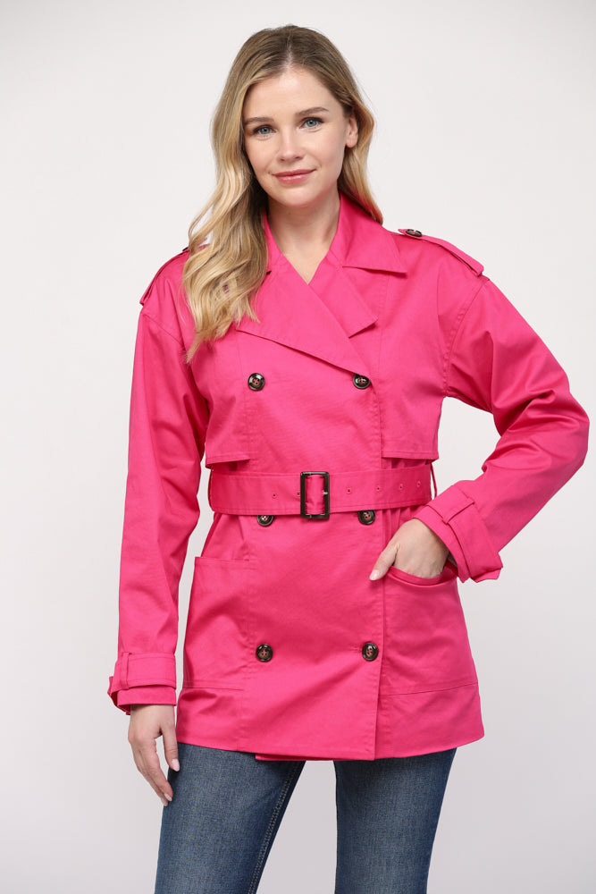 Something To Talk About Double Breasted Short Trench Coat - Fuschia