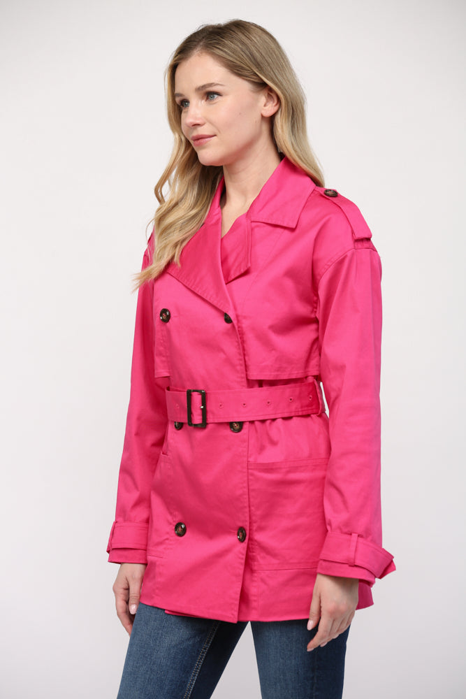 Something To Talk About Double Breasted Short Trench Coat - Fuschia