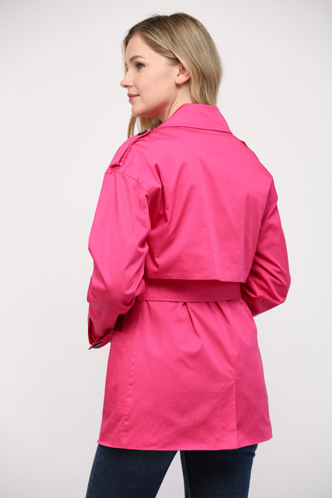 Something To Talk About Double Breasted Short Trench Coat - Fuschia