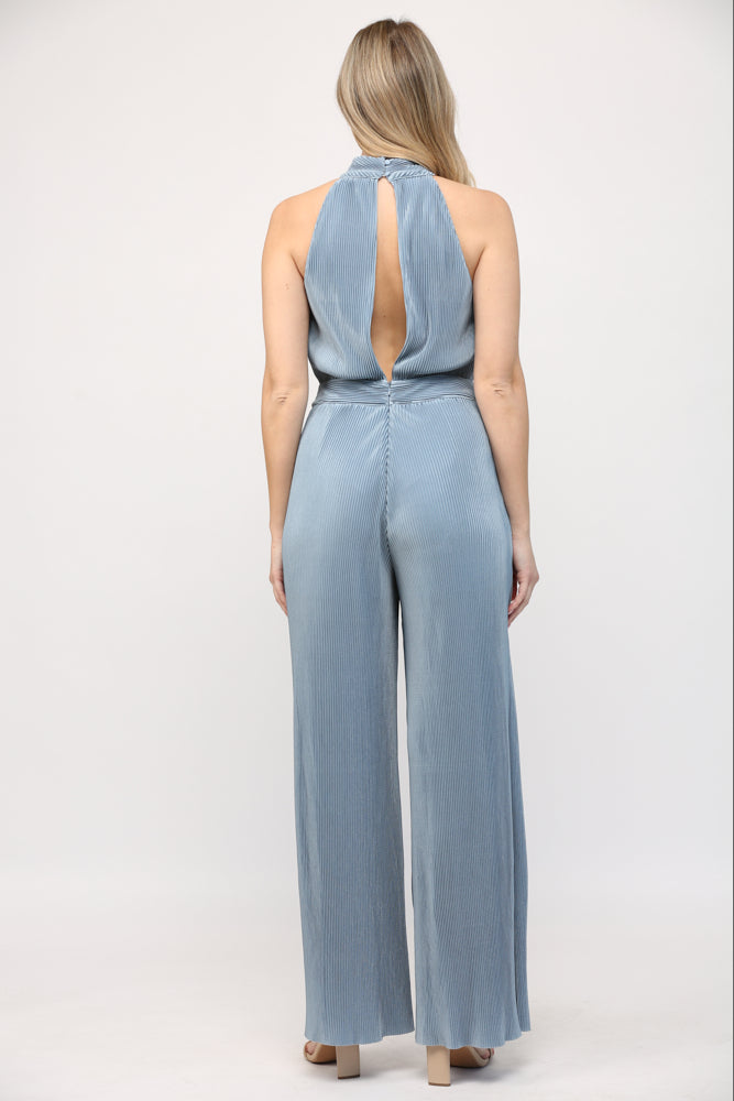 Halter Neckline Pleated Jumpsuit - Powder Blue