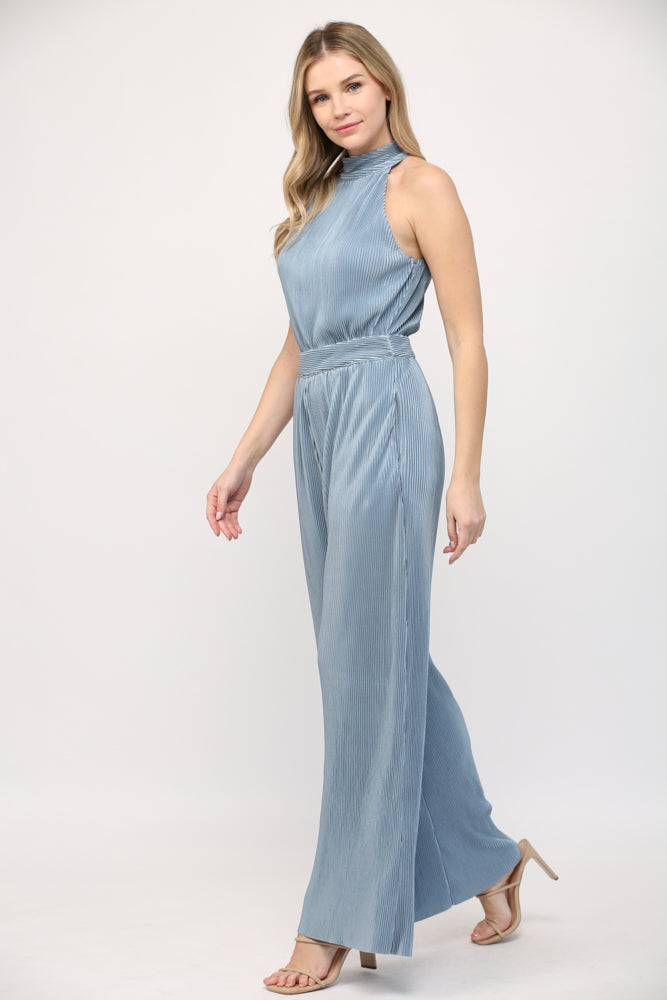 Halter Neckline Pleated Jumpsuit - Powder Blue