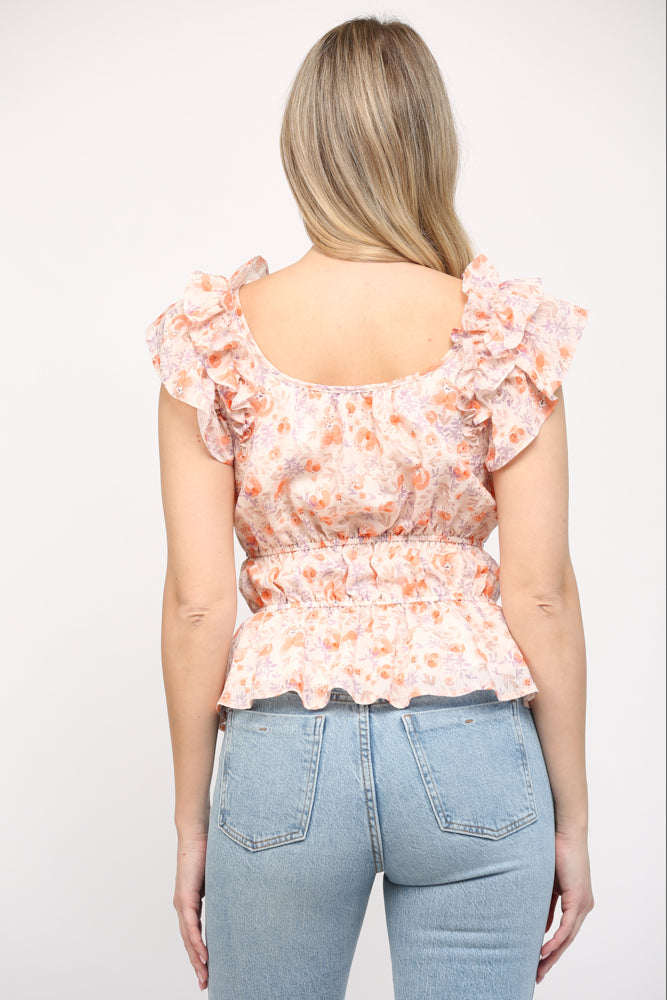Flaunt Your Floral Gathered Waist Flutter Sleeve Top