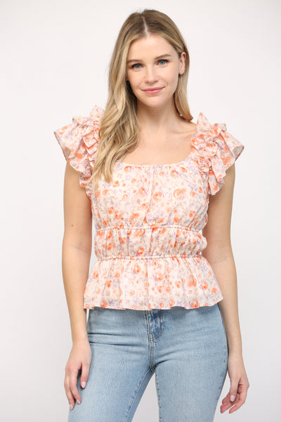 Flaunt Your Floral Gathered Waist Flutter Sleeve Top