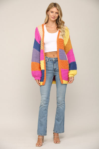 So It Goes Patchwork Color Block Chunky Knit Cardigan