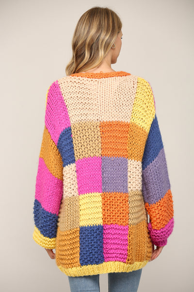 So It Goes Patchwork Color Block Chunky Knit Cardigan