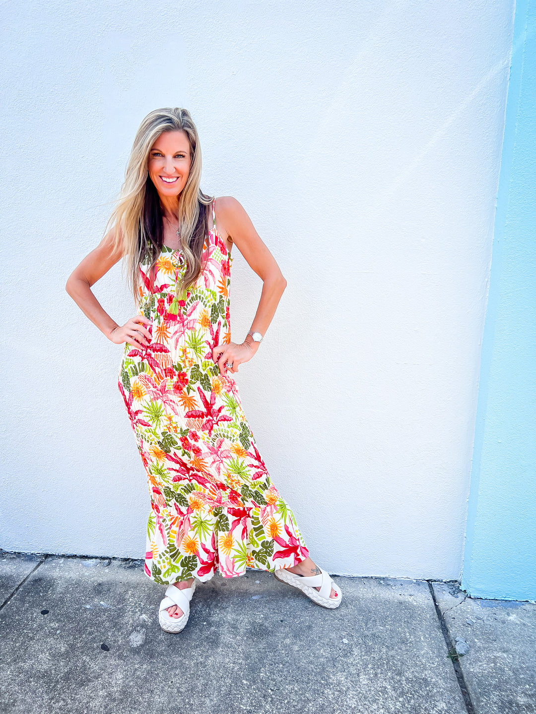 Palm Paradise Midi Dress | Tropical Ruched Dress Sisterlee Boutique Medium Palm Paradise Midi Dress | Tropical Ruched Dress Sisterlee Boutique Medium