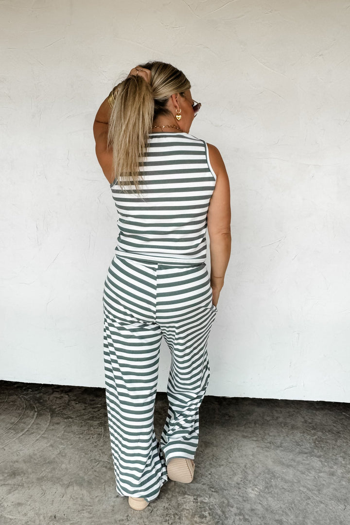 Woman wearing sage green and white striped ribbed wide-leg lounge pants – Mint Condition Pant by Sisterlee Boutique