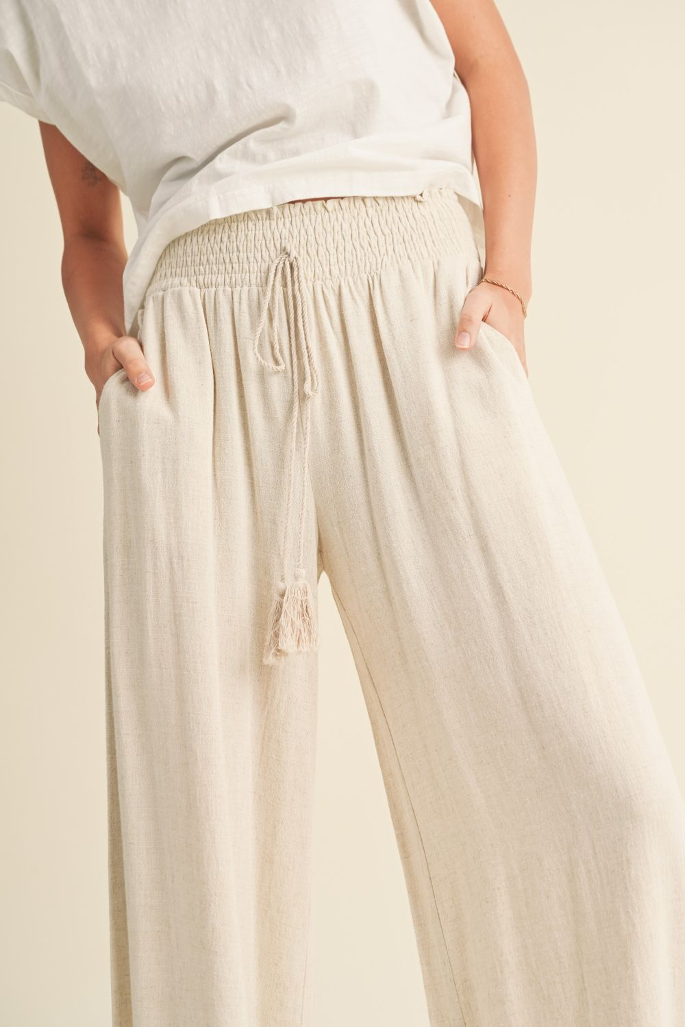 Linen Smocked Waist Pants with Tassel - Oatmeal