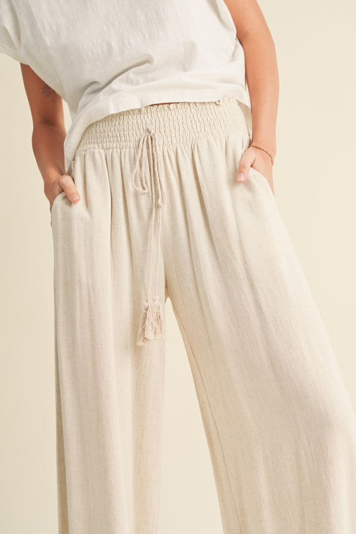 Linen Smocked Waist Pants with Tassel - Oatmeal