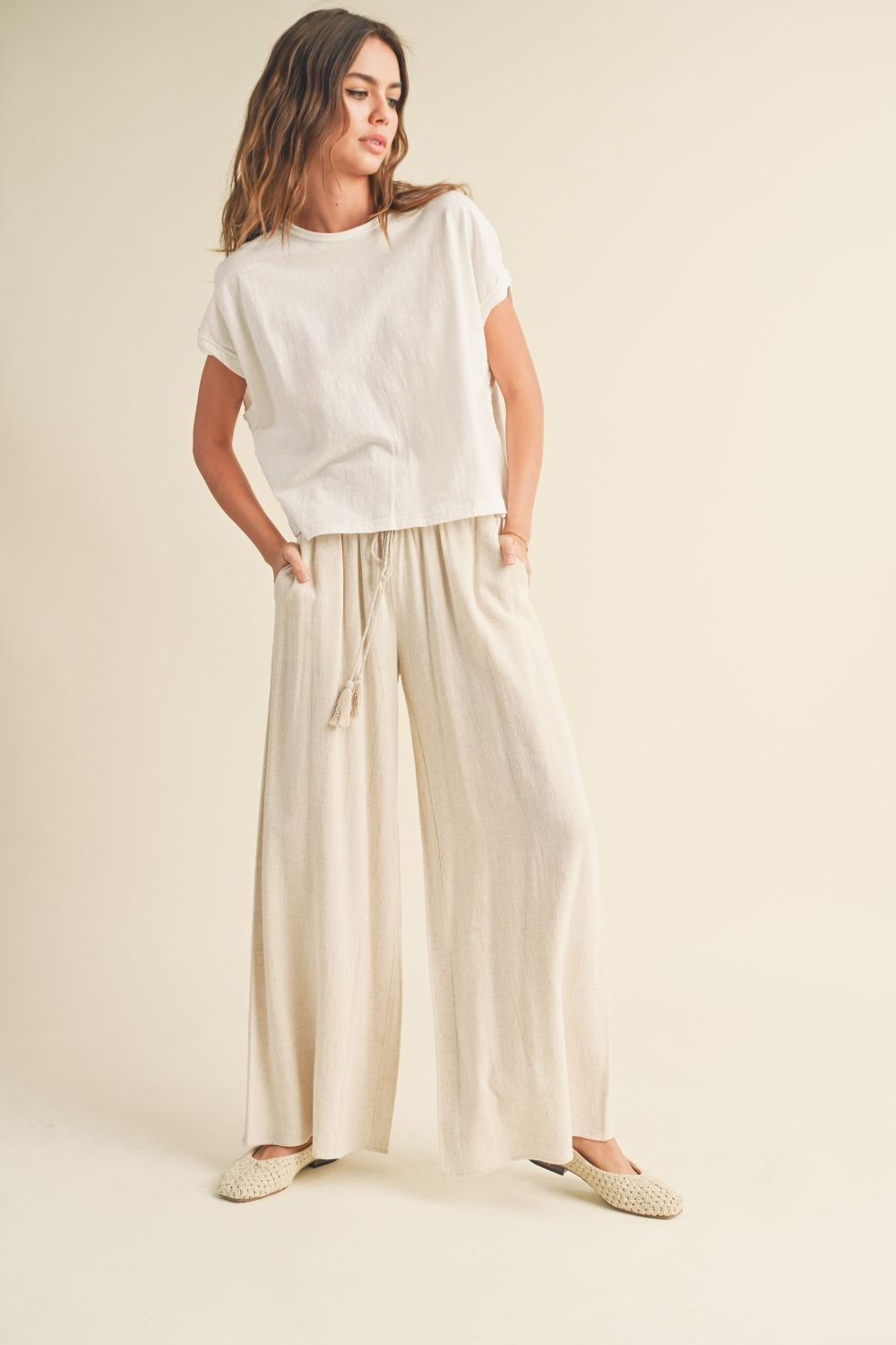 Linen Smocked Waist Pants with Tassel - Oatmeal