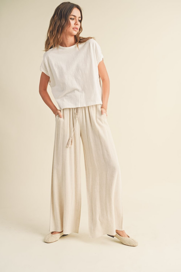 Linen Smocked Waist Pants with Tassel - Oatmeal