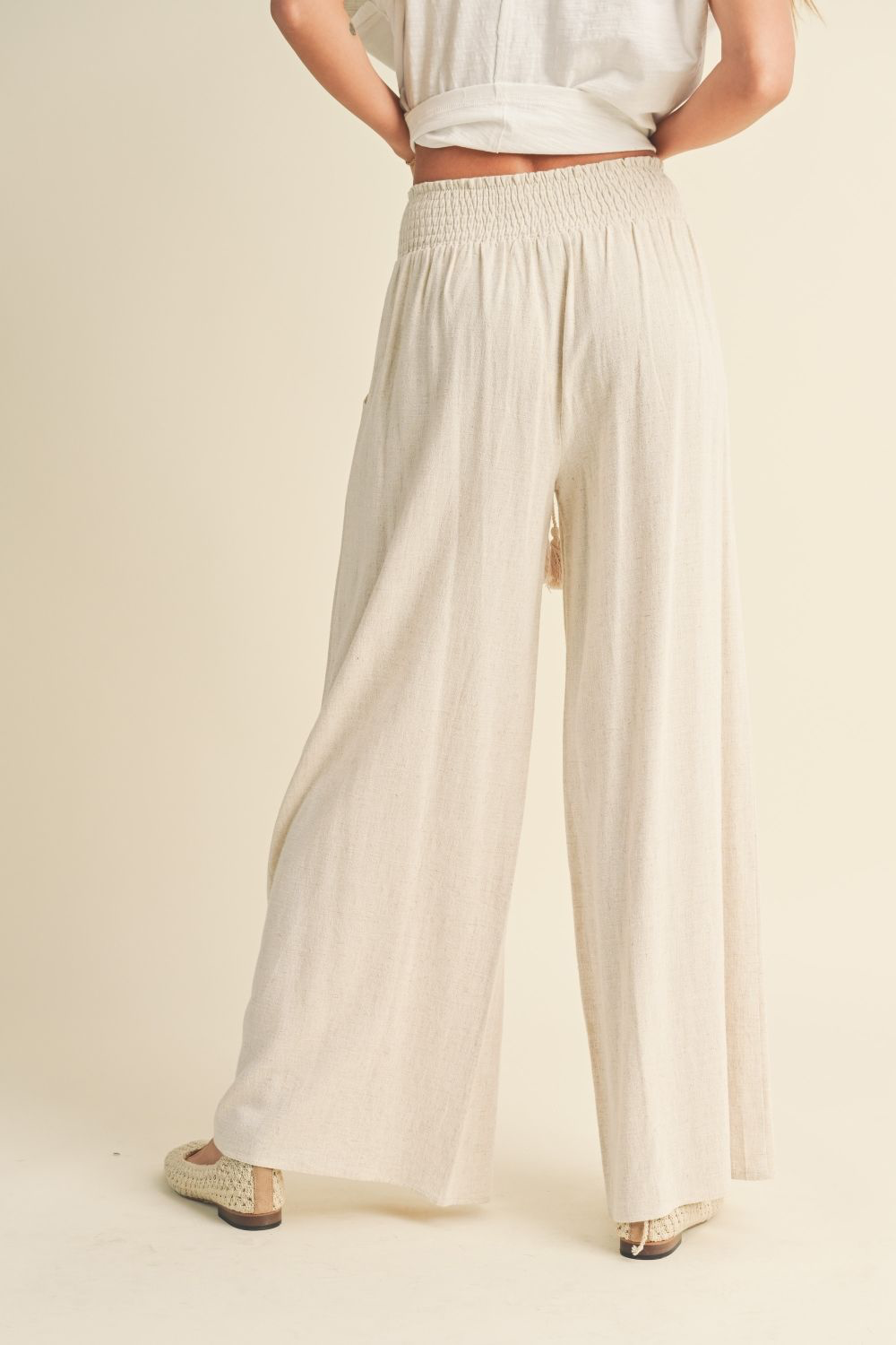 Linen Smocked Waist Pants with Tassel - Oatmeal