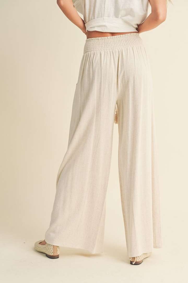 Linen Smocked Waist Pants with Tassel - Oatmeal