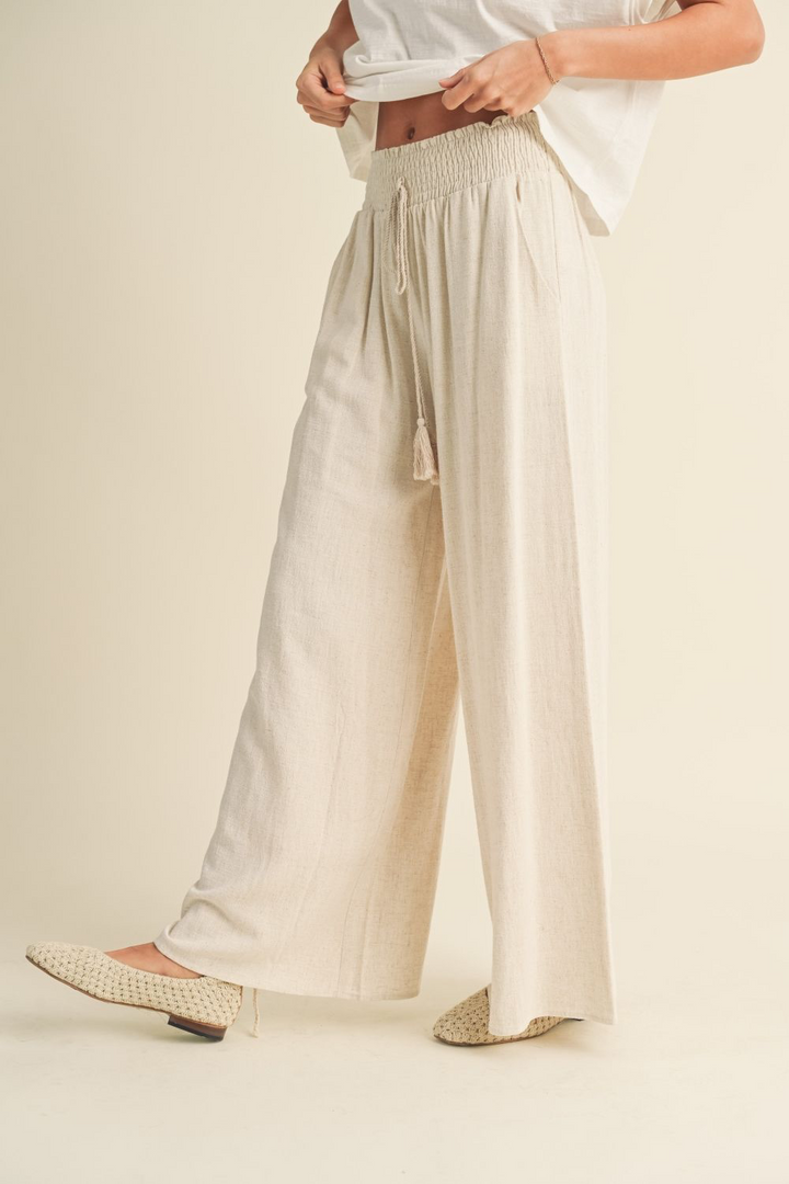 Linen Smocked Waist Pants with Tassel - Oatmeal