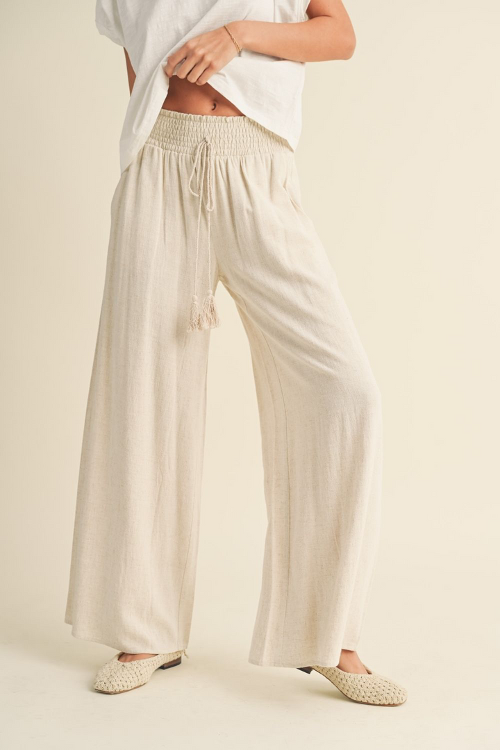 Linen Smocked Waist Pants with Tassel - Oatmeal