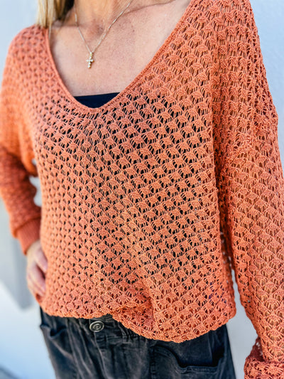 Cool Summer Crochet Knit Sweater - Terracotta
