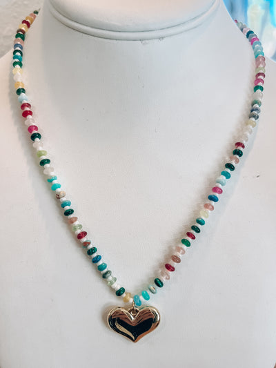 Colorful Gemstone With Heart Charm Necklace