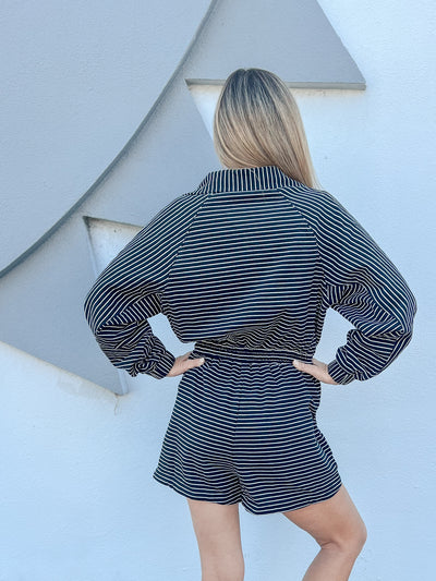 Stripe Long Sleeve Romper - Black