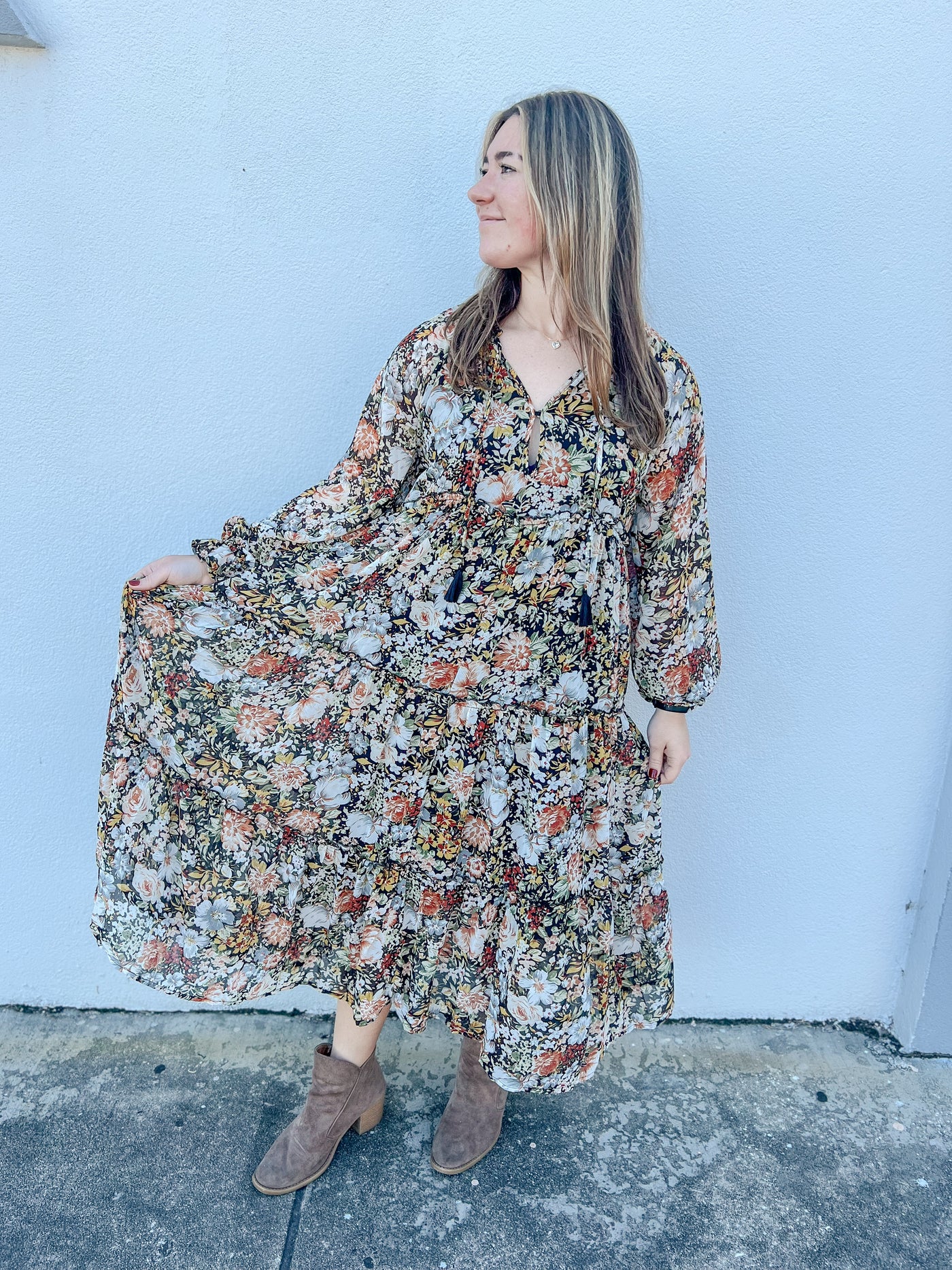 Fall Blooms Tiered Floral Midi Prairie Dress