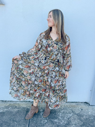 Fall Blooms Tiered Floral Midi Prairie Dress