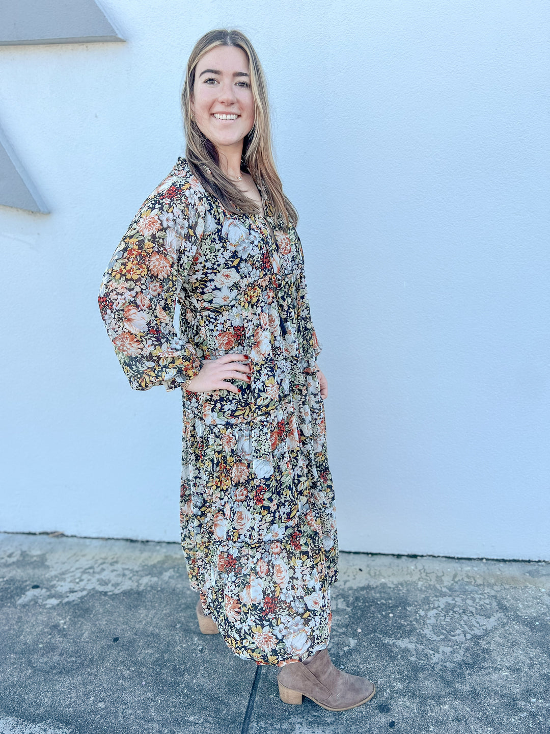 midi prairie dress Cute White Prairie Dress - Long Sleeve Midi Dress - Tiered Ruffle