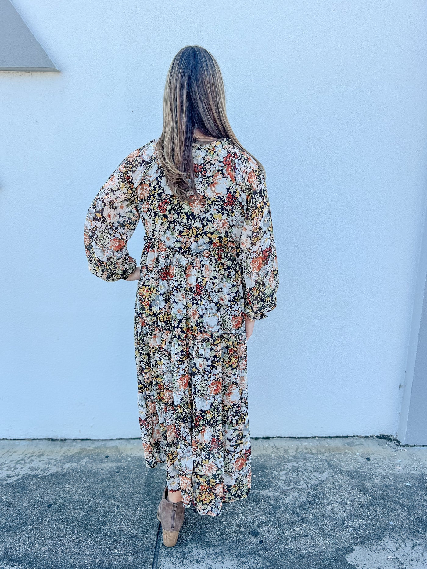 Fall Blooms Tiered Floral Midi Prairie Dress