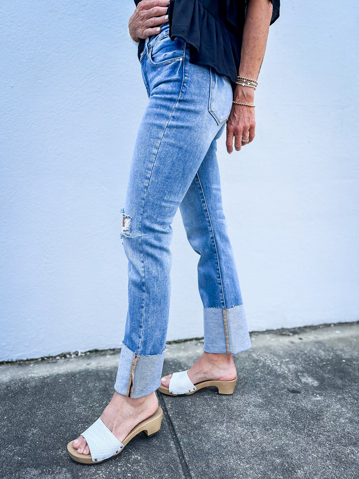 High Rise Ankle Straight Wide Cuffed Jeans